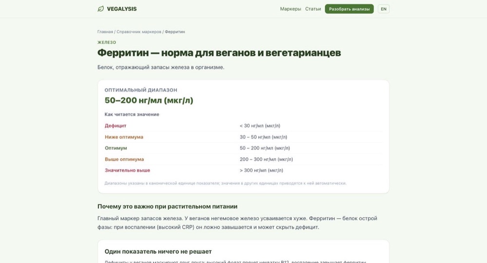 Страница маркера VEGALYSIS с диапазонами и шкалой значений